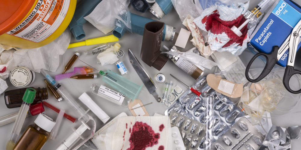 Hazardous medical waste that needs to be carefully disposed of by incineration. Items include clinical waste such as used syringes and needles, used swabs, plasters and bandages. Used drug blister packs and ampules. Biomedical waste is potentially infectious.